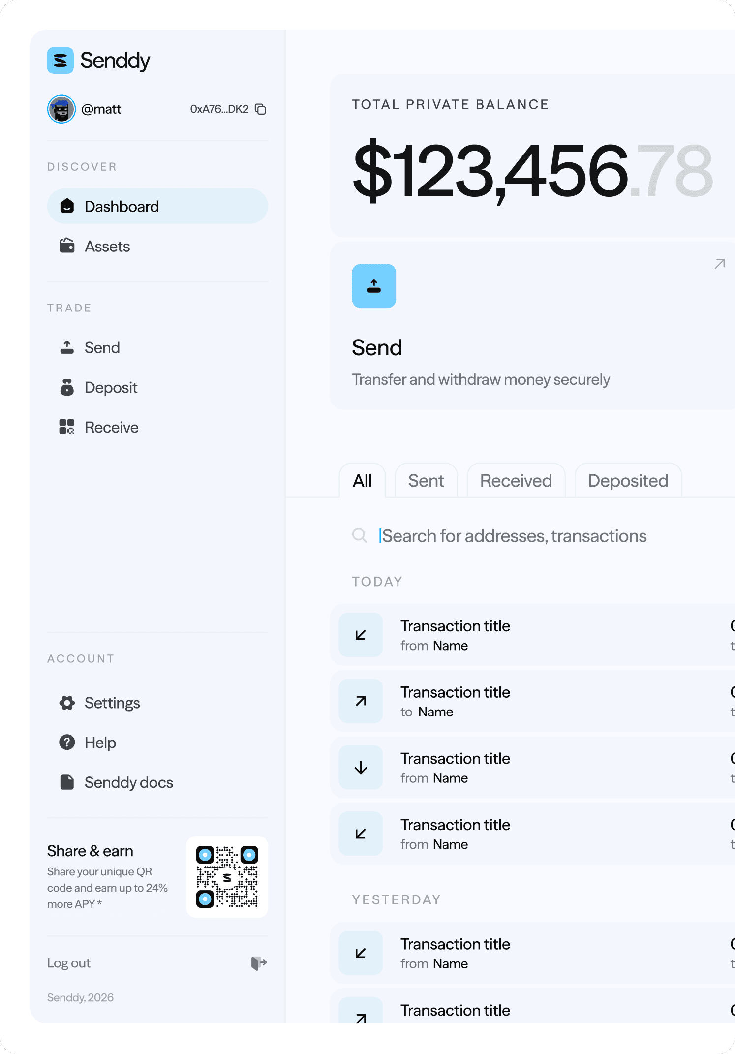 The Senddy dashboard showing a private USDC balance and recent transfers